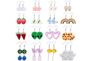 Finrezio 16 Pairs Cute Weird Earrings Funny Dangle Drop Earrings for Women Creative Drop Quirky Earrings Candy Fruits Strawberry Heart Y2k Earring Set