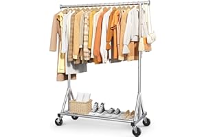 Sakugi Kleiderständer auf Rollen – Robuste Kleiderstange aus Edelstahl mit Mesh-Regal, multifunktionaler Garderobenständer für Schlafzimmer, Wäscheraum, Laden, 110 x 42 x 163,3 cm, Silbern