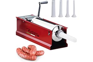 MATFER Reber Insaccatrice Manuale 5L/5KGS – Macchina per Salsicce Orizzontale con Sistema a 2 Velocità, per Uso Domestico e Professionale - Struttura Robusta in Acciaio INOX – 4 Imbuti Inclusi