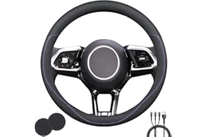 SUYEAH Universal Steering Wheel Cover,Stylish Non-Slip Premium Leather Steering Wheel Cover for Steering Wheel with a Diameter of 14.5"-15" with 2 Coasters and USB Fast Charging Cable (Style C)