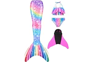 Pyjacos meerjungfrauenflosse mädchen Badeanzug - Meerjungfrau Flosse Bademode mit Bikini Set und Monoflosse Mermaid Tail, 4 Stück Set