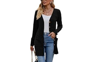 Famulily Women's Long Sleeve Open Front Cardigans, Button Down V Neck Lightweight Outwear Jumpers with Pockets, Solid Rayon Polyester Spandex, S-XXL, Beige/Black/Blue/Army Green/Khaki/Red/Wine