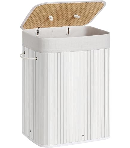 Cesto Portabiancheria Pieghevole Jacquard - Grande 68 Cm Con Manici E Levette In Legno - Tessuto Resistente Facile Da Pulire - Bianco