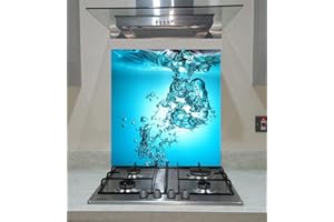 Splashback, Tempered Glass Panel Kitchen with splash water on the blue background, Any Size, VA Art Glass (wide 60 x height 65 /cm)