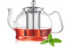MS WGO 1200ml/40.58oz Round Shape Infuser Tea Pot, Clear Glass Teapot with Infuser, Heat-Resistant Borosilicate Glass Tea Pot with Infuser