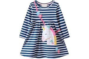 KFNIRE Ragazza Vestito Cotone Manica Lunga Casual Eleganti Vestito Unicorn per Bambina 1-7 Anni