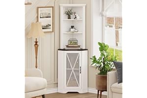 FATORRI Tall Corner Cabinet, Farmhouse Corner Storage Cabinet with Door & Adjustable Shelves, Wooden Corner Shelf Cabinet for Living Room, Kitchen (Walnut Brown+White Oak)