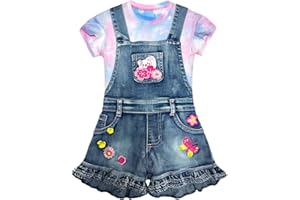 Peacolate 2-6 Ans Été Fille Ensemble de Vêtements 2Pcs Tenue Décontractée T-shirt à Manches et Jean Shots Salopette Courte