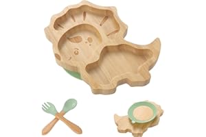 Coptiner Ventouse pour Nourrissons,Set de Vaisselle Bébé,Plateau avec Ventouse,Assiette Enfant,Plateau en Bambou avec Ventouse,Set de Sevrage pour Bébés à Partir de 3 MoisNon Glissant (Dinosaure)