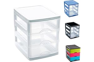 PLASTIFIC Plastic Desktop Storage Unit with Drawers, Stationary Arts Drawer Desktop Tabletop Organiser Storage Tower Unit for Office Bedroom Garage (3 Drawers (17 x 13.5 x 17cm, White Clear Drawers))