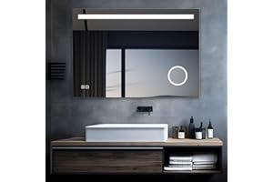 ‎MIQU MIQU LED Badspiegel mit Beleuchtung 120x80 cm Badezimmerspiegel, Bad Groß Spiegel mit Steckdose Touch Dimmbar Warm/Weiß Licht Beschlagfrei Vergrößerung Wandspiegel für Badezimmer, WC, Flur H