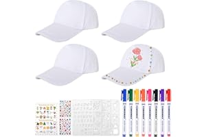 guobinZH 4 Pièces DIY Casquette de Baseball à Peindre Coton Blanc Chapeau de Graffiti pour Enfants avec 8 Pinceaux Autocollants en Pierre Précieuse Boîte Cadeau pour Enfants Sport Extérieur Sunhat
