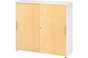 ‎BÜMÖ bümö Schiebetürenschrank 3OH - Aktenschrank abschließbar, Sideboard Schrank mit Schiebetüren in Weiß/Ahorn - Büroschrank aus Holz mit Schiebetür, Büro Kommode für Ordner & Co.