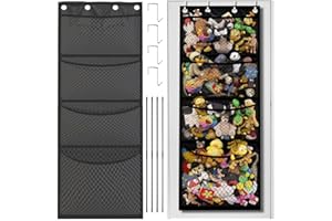 HNBTX tasche portaoggetti da parete,conservazione dei peluche,conservazione degli animali di peluche,organizer giochi bambini,(nero con asta di supporto + gancio in metallo)