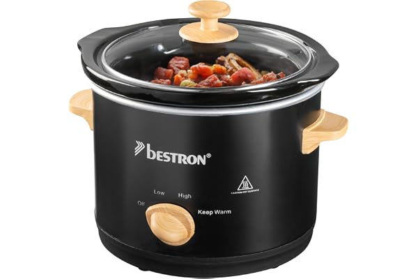 Bestron Mijoteuse électrique, Cuisinière à jonglerie avec poêle en céramique & couvercle en verre, thermostat à 3 niveaux, idéale pour la viande, les soupes et les légumes, 1,5L, Couleur: Noir/Bois