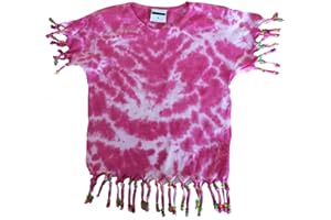 PASSAPAROLA Maglietta INDIANINA con Frange e Perline, Effetto Tie Dye, (Colori Disponibili: Fucsia e Azzurro) 100% Cotone,160 gr/m2,Cuciture Laterali,Colletto Sottile 1 cm.