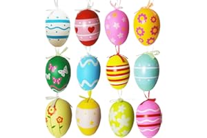 Mtaajin 12 Pcs Colorful Easter Eggs Decorations, Plastic Hanging Ornaments with Ribbon, Realistic Painted Eggs for Easter Tree Decoration