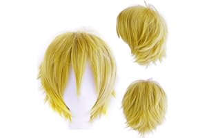 Dcbaboo Perruque Jaune Courte Femme Perruque Homme Jaune Courte Perruque Cosplay Anime Wig Perruque avec Franges Cheveux Synthétique Raides Perruque Pour Déguisement Halloween Carnaval Costume Fête