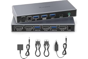 SUIDEK Switch KVM DisplayPort 2 ingressi 2 uscite 4K@60Hz DP1.4 con 3 USB A+1 USB C per condividere 2 monitor, tastiera, mouse e stampante tra 2 computer. Include adattatore di alimentazione 5V