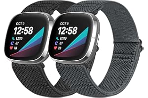 Vodtian Elastic Nylon Loop Straps Compatible with Fitbit Sense 2/Fitbit Sense/Fitbit Versa 4/Fitbit Versa 3 Strap, Adjustable Soft Stretchy Sport Braided Replacement Wristband for Men Women, 2 Pack