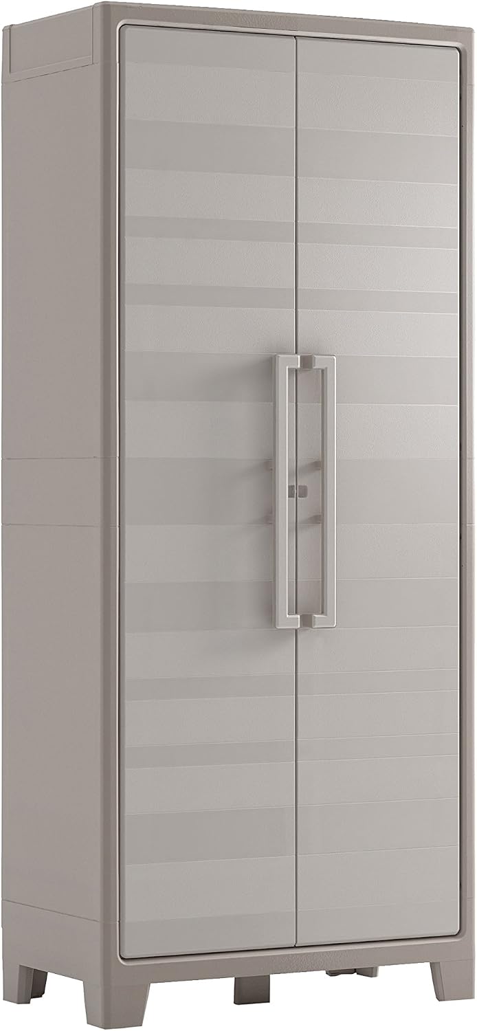 Keter Armario Gulliver Escobero|Almacenaje Interior y Exterior|Resina|Resistente al Agua, 2 Puertas y 8 Baldas Regulables en Altura|Beige/Arena|80 x 44 x 182 cm