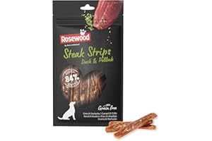 Rosewood Steak Strips Canard & Colin – Friandise Tendre pour Chien, Riche en Viande et Poisson, Faible en Graisses, sans céréales ni Gluten, sans additifs artificiels, 100 g