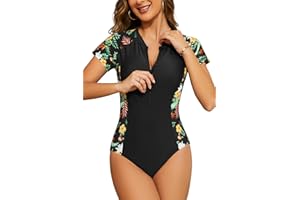 SHEKINI Maillot de Bain Une pièce pour Femme à Manches Courtes Rash Guard Protection Fermeture éclair Surf