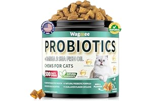 WAGMEE Cat Probiotics Tasty Chews –500 Chews Crunchy & Creamy Texture, Fish Oil Omega-3 Skin & Coat Health Digestive & Gut Support, Constipation Supports, Healthy Stool, Chicken Krill Flavor