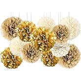 12Pcs Gold Tissue Paper Pom Poms 4 Colors Tissue Paper Pompoms | 3 Sizes Ornaments with Pompoms Decoration Wedding with Pompo