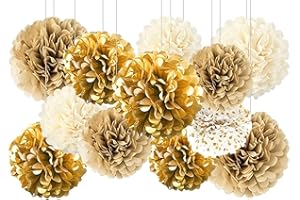HHBDY 12 Pcs Pon Pon in Carta Velina Color Oro 4 Colori - Pompon in 3 Misure per Feste, Fiori Decorativi - Adatto per Matrimoni e Anniversari