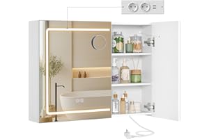 ‎VASAGLE VASAGLE Kailyn Kollektion - Spiegelschrank mit Beleuchtung, 16,5 x 80 x 60 cm, Badezimmerschrank, Wandschrank, Steckdosenleiste, Entfogging-Funktion, 10x Vergrößerungsspiegel, modern, weiß BBK134W01