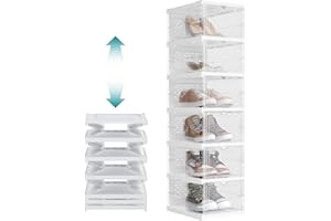 SONGMICS Scatole per Scarpe, Set di 6 Organizzatori Porta Scarpe Impilabili, Scarpiera Pieghevole e Componibile, per Fino alla Taglia 46, Assemblaggio 60s, Trasparente e Bianco Nuvola LSP205W01