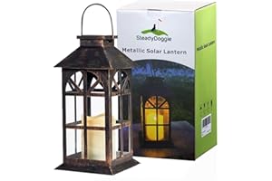 STEADYDOGGIE Solar Garden Lantern with Classic Bronze Antique Metal and Glass Construction - Indoor or Outdoor Solar Hanging Lantern or Tabletop - Solar Powered Lantern with LED Flickering Candle