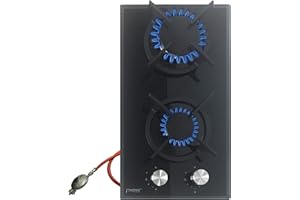 PHÖNIX GERMANY Phönix Domino Gaskochfeld Einbau Kochfeld Glas Gaskocher 2 flammig Autark Campingkocher Propangas/Erdgas inkl. Gasschlauch-Regler-Set