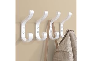 JOCKCARAS Large Wall Hooks for Hanging Coats - Heavy Duty Hook Hold 30LB for Backpacks, Towels, Coat, Keys, Clothes - Wall Mounted Hooks for Bathroom, Closet, Door, Mudroom - Metal, White 4 Pack