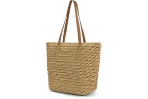 MAMUNU Sac de plage en paille pour femme - Grand sac en paille avec fermeture éclair - Sac tissé rétro d'été - Sac à main - Sac à main - Sac à main - Style bohème décontracté - Pour la plage, la
