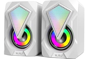 NJSJ Stereo 2.0 Computer Speakers for Desktop, USB-Powered PC Speakers with 3.5mm Aux input, Mini Gaming Speaker with Colorful RGB Lights, for PC, Desktop, Laptop, Smartphone, MAC (White)