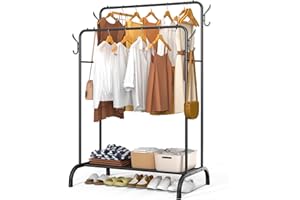 VOUNOT® Stand Appendiabiti Doppio in Metallo con Ripiano per Scarpe e 4 Ganci Laterali, Appendiabiti da Terra Robusto Salvaspazio per Camera, Ingresso e Guardaroba, 110x58x150cm, Nero