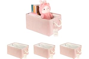 JUNLAI 4 Pcs Storage Baskets with Handles, Foldable Large Pink Storage Boxes, Fabric Wardrobe Storage Basket for Office & Home, Book, Clothes, Toys（Pink, Large）