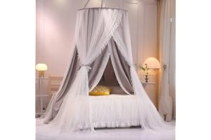 HUOQOU Doppelschicht Prinzessin Runde Kuppel Baldachin Bett Vorhang für Mädchen Erwachsene Kinder verträumte Moskitonetz Nette Schlafzimmer Dekoration Schloss Spielen Zelt Leseecke (Grau/Weiß)