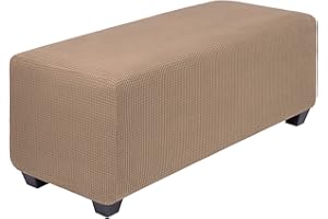 PiccoCasa High Stretch Ottoman Cover with Elastic Bottom, Soft Slipcover Jacquard Fabric Small Checks Rectangle Storage Stool Cover Furniture Covers Fallow Small