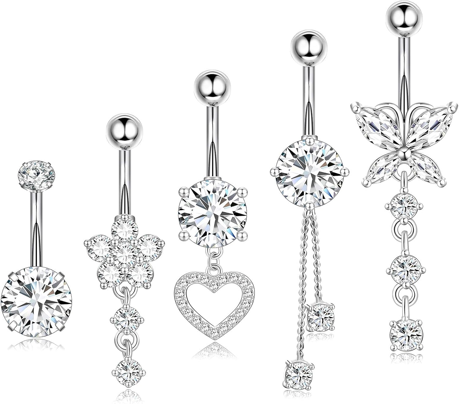 hautllaif 5pcs Belly Button Bars Sterling Silver,Belly Bar 14G Navel Bars,Dangly Belly Button Piercing Jewellery