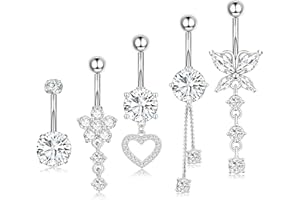 hautllaif 5pcs Belly Button Bars Sterling Silver,Belly Bar 14G Navel Bars,Dangly Belly Button Piercing Jewellery