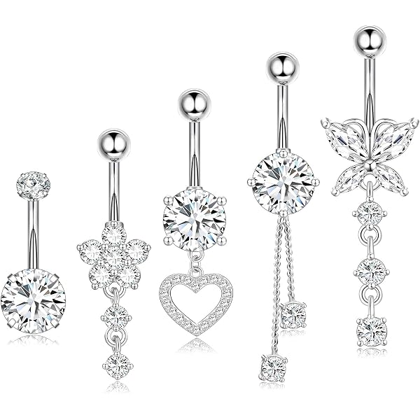 Stainless Steel Dangle Belly Button Ring - 14G Navel Barbell With Cubic Zirconia, 10mm