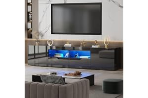LSLIFE Modern 200cm High Gloss TV Stand Cabinet with RGB LED Lights, TV Cabinet for 65-85 Inch Television Living Room TV Unit with 2 Doors 2 Drawers 16 Colors Lights (Black)
