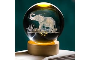Arikyrist 3D 80mm Elephant Figurine Crystal Ball with Wooden LED Base, Elephant Gifts for Women Men on Christmas Birthday, Laser Engraved Elephant Full Sphere Glass Decorative Ball for Home Office