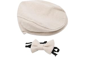 Pwshymi Cappello da Gentiluomo con Berretto Piatto Papillon Fotografia Prop Neonato Fotografia Puntelli Cappello con Papillon Set(Beige)