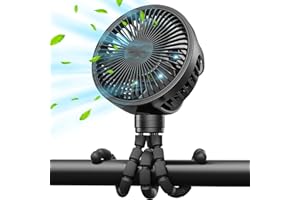 GUSGU Large Stroller Fan Clip on for Baby, Flexible Tripod & Battery Powered Pram Fan, Portable Handheld Fan for Bedroom, Car Seat, Travel, Camping, Black