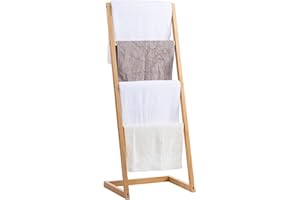 Vencier Bamboo Freestanding Towel Rack Drying Stand with Four Hanging Rails Wooden Bathroom Clothes Rack Clothing & Towels Freestanding Holder