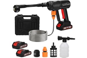 TIVEKEO Nettoyeur Haute Pression Buse 5 en 1, 30 Bar Nettoyeur Haute Pression sans Fil, Nettoyeur Haute Pression Batterie avec Tuyau, Pot en Mousse, Adapté pour Nettoyer Les Voitures, Sols (Deux Batteries)